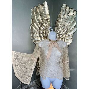 N by Nancy Women's Fishnet Sheer Lace  Champagne Collar Crystals, Size XL